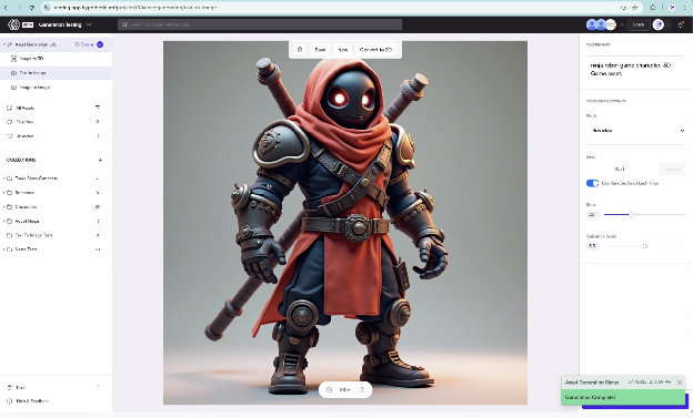 Hypothetic’s asset workspace: a generated 3D character next to the collections list and generation settings.